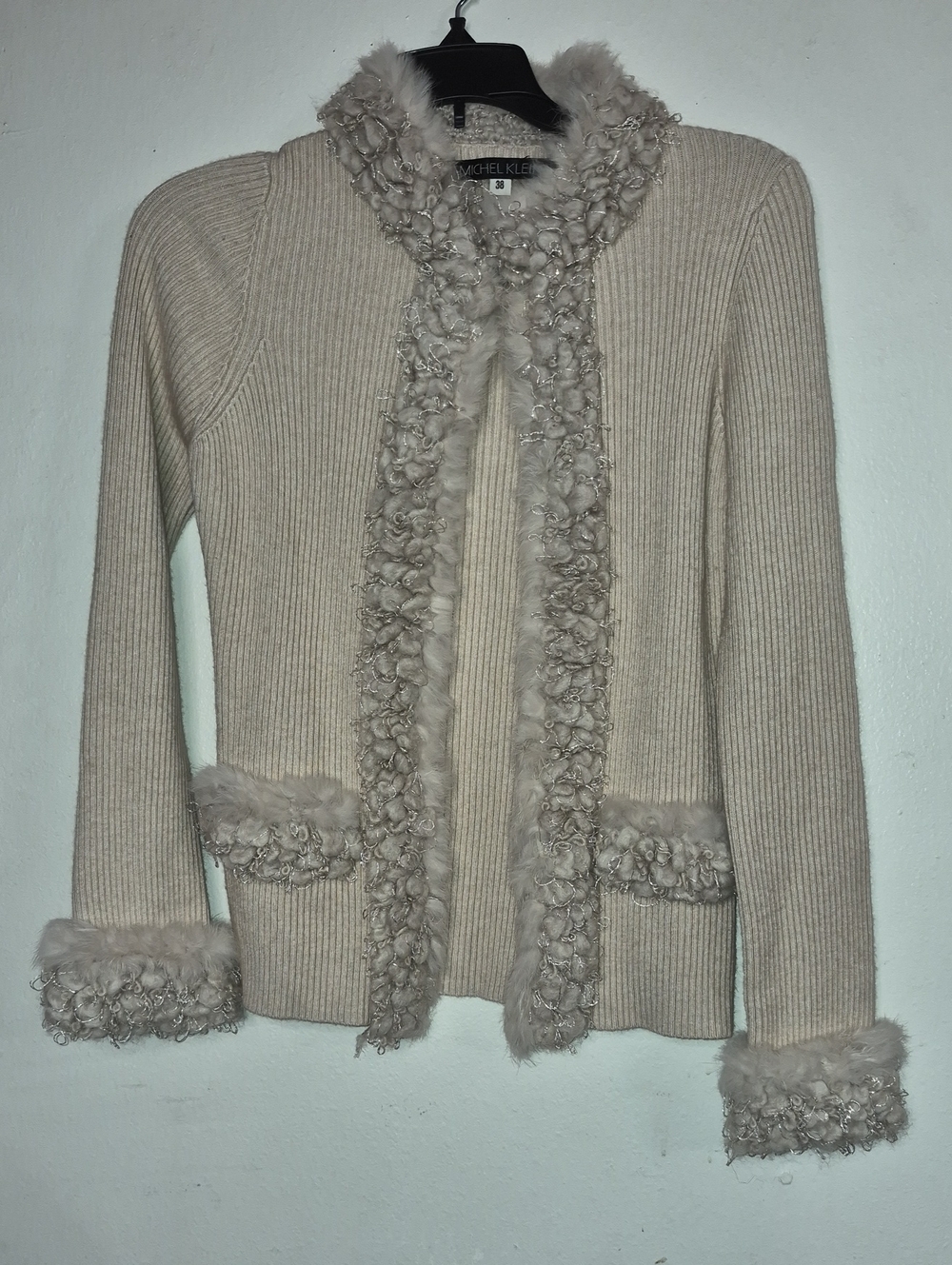 Michel Klein Cream Ribbed Cardigan with Faux Fur Trim